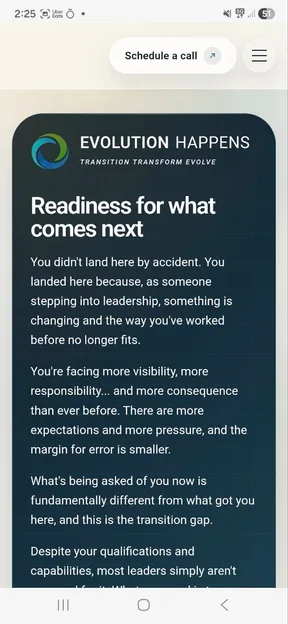 Evolution Happens — website work by Peak Performance Solutions, shown on mobile